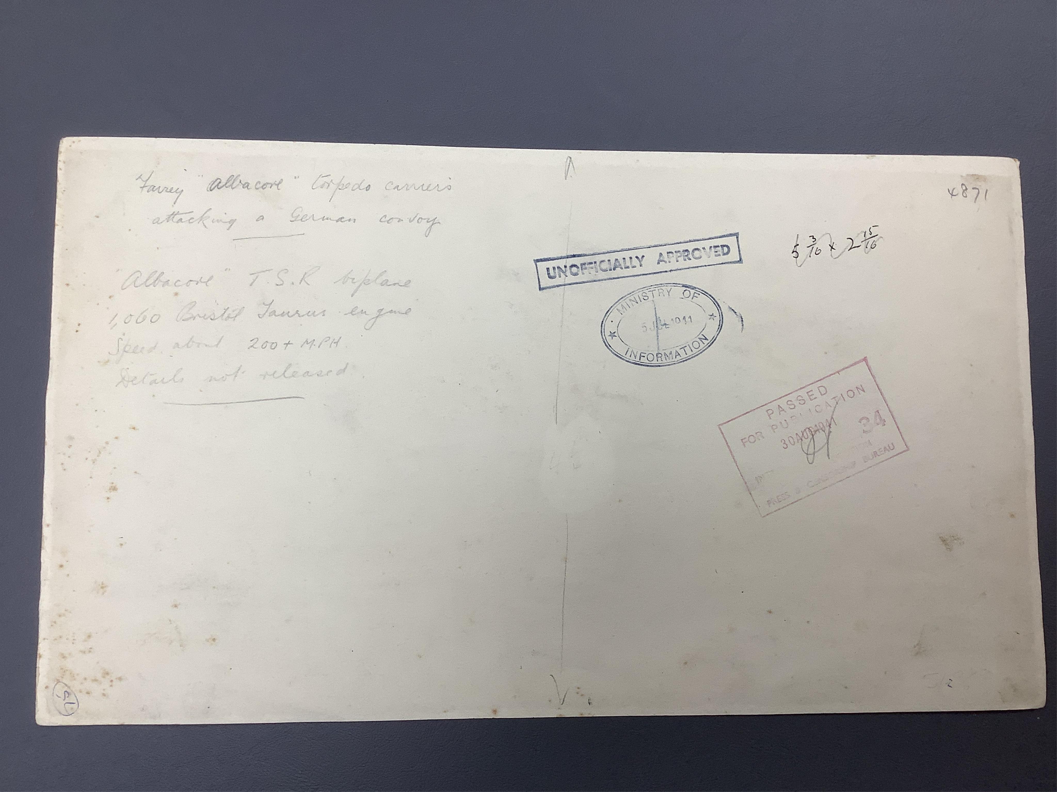 AFD Bannister, set of three original WWII watercolours for post card designs, Fleet Air Arm Aircraft to include ‘Blackburn Skuas attacking German Warships’ and ‘Fairey Albacore Torpedo Carriers Attacking a German Convoy’